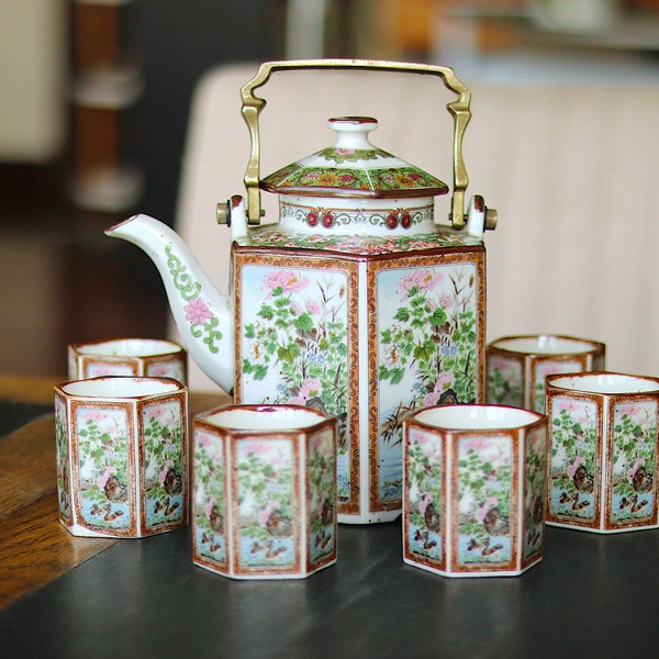 Japanisches Teeservice mit Messing Vintage Keramik Teeset Floral
