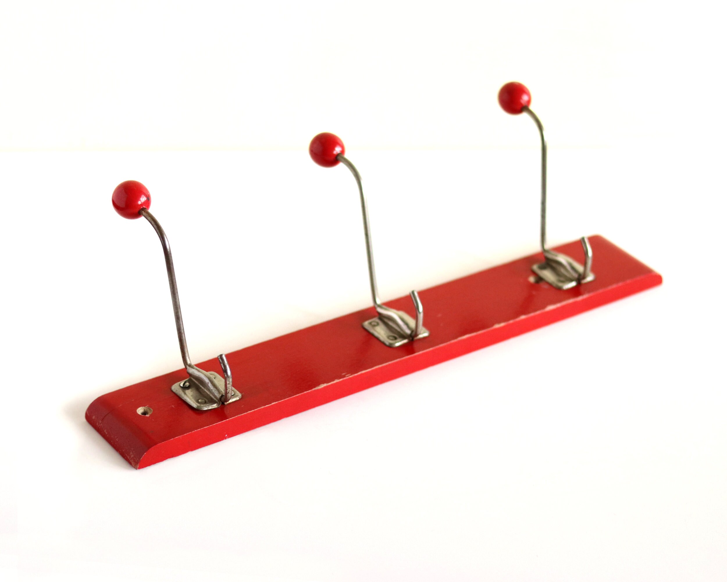 Vintage Wooden Coat Rack 50s Hook Rail Red
