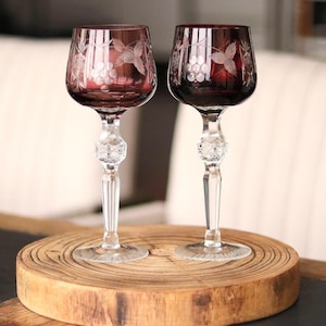 Vintage crystal wine glasses, hand-cut lead crystal, Roman style, overlay glass, red