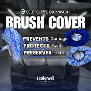 May include: Image of a self-serve car wash brush cover. The image shows three blue brush covers, with the text "BRUSH COVER" in large white letters. The text "PREVENTS Damage, PROTECTS Paint, PRESERVES Finish" is also visible.