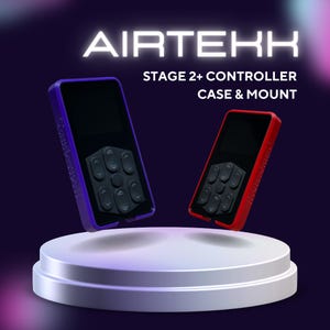 May include: Two Stage 2+ Controller Case & Mounts, one purple and one red, are displayed on a white pedestal against a dark purple background. The cases have a black screen and a black button pad. The word "AIRTEKK" is at the top.