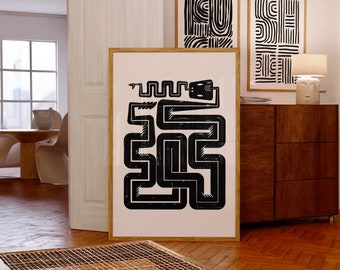 Abstract Snake Print, Minimalist Black and White Serpent (Digital Download)