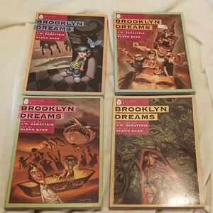 May include: Four vintage comic books titled "Brooklyn Dreams" by J.M. DeMatteis and Glenn Barr. Each book features unique, colorful illustrations with a surreal, fantasy theme. The covers display a variety of characters and scenes, with text in a bold, stylized font.