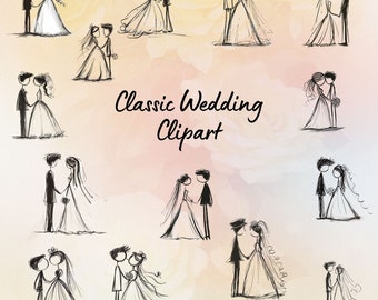 Classic Sketch Wedding Clipart ~ wedding Clip Art PNG ~ Classic bride and Groom ~ DYI Wedding ~ Wedding Decoration ~ Minimalistic art