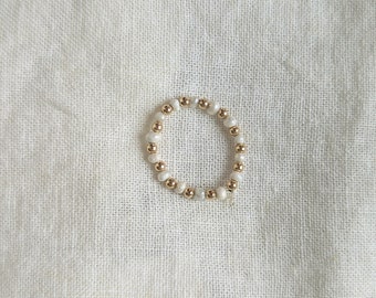 Pearls and Gold Filled Elastic Beaded Ring - 14k Gold Filled Beads and Freshwater Pearls