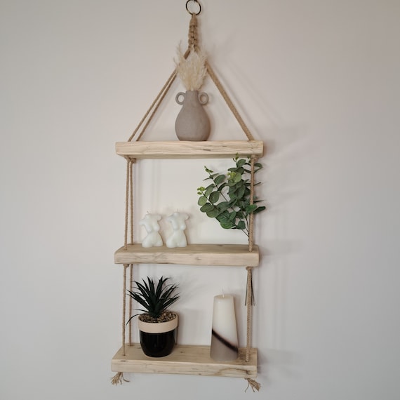 Wooden hanging shelf with cheap rope