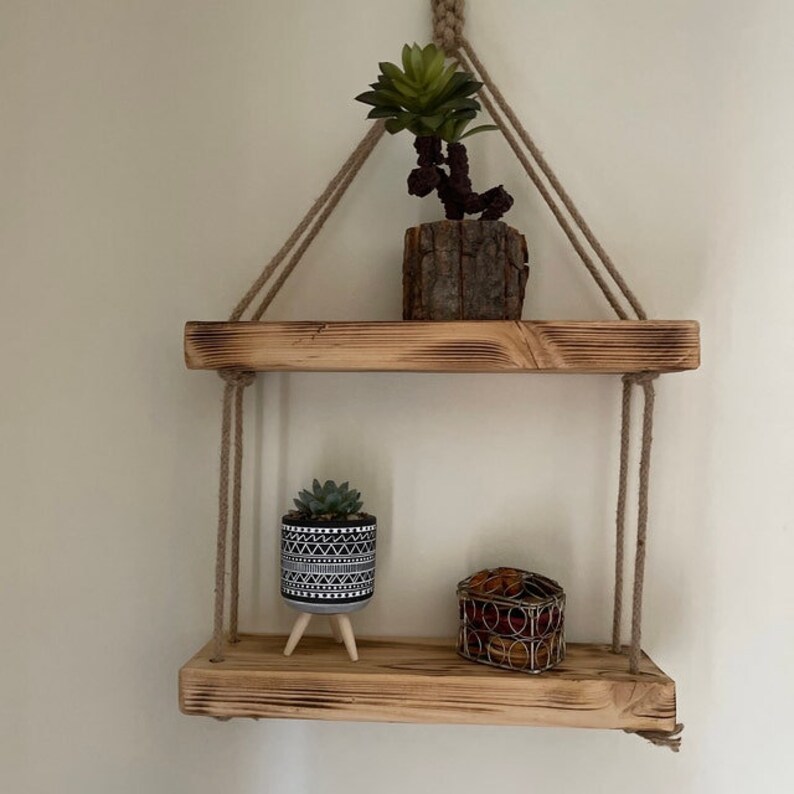 Rustic Wooden Rope Hanging Shelf Multiple Tier Shelves | Etsy UK
