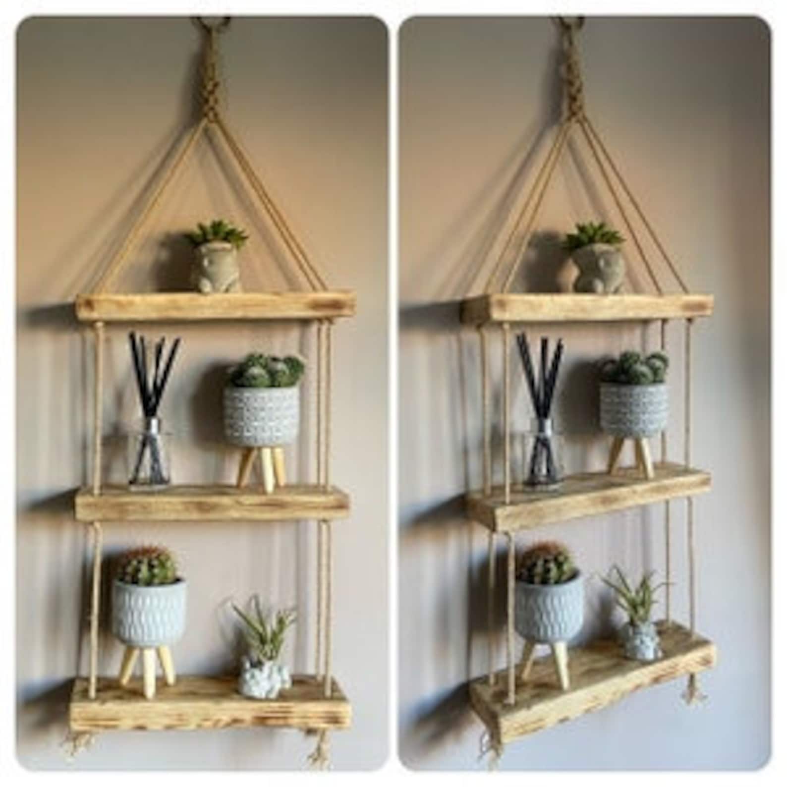 Rustic Wooden Rope Hanging Shelf Multiple Tier Shelves | Etsy UK