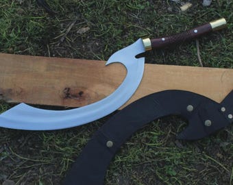Réplica de espada Khopesh forjada a mano: hoja de acero de la Edad de Bronce, mango de palisandro.