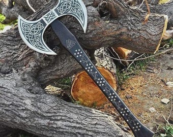 Handmade Damascus Steel Double Headed Axe: Engraved Wood Handle