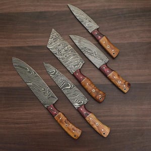 Damascus Chef Knife Set: Hand-Forged Kitchen Knives, Wood Handle