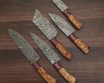 Juego de cuchillos de chef de Damasco: cuchillos de cocina forjados a mano, mango de madera