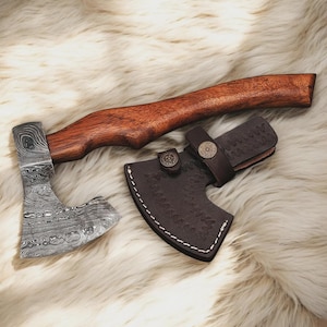 Hand Forged Damascus Steel Mini Tomahawk Axe: Rosewood Handle, Leather Sheath