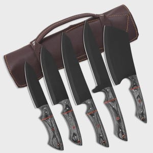 Custom Hand Forged Damascus Steel Chef Kitchen Knife Set With Leather Sheath Bag