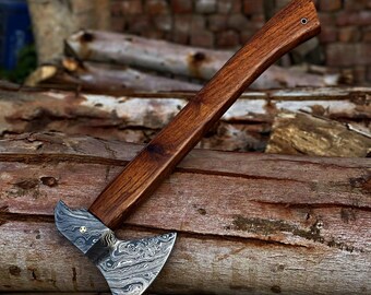 Damascus Viking Axe: Hand-Forged Steel Hatchet with Leather Sheath