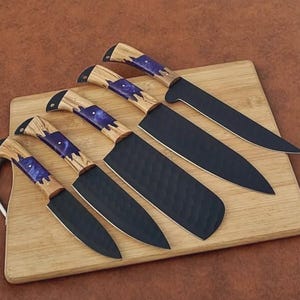 Custom Hand Forged Damascus Steel Chef Kitchen Knife Set With Leather Sheath Bag