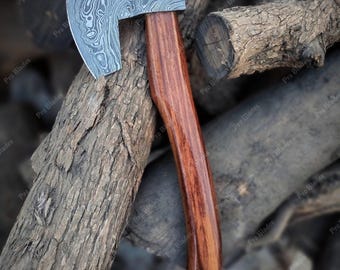Handmade Damascus Steel Viking Axe Tomahawk: Rosewood Handle, Leather Sheath
