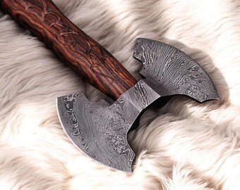 Damascus Steel Double Head Viking Axe: Hand Forged Rosewood Handle