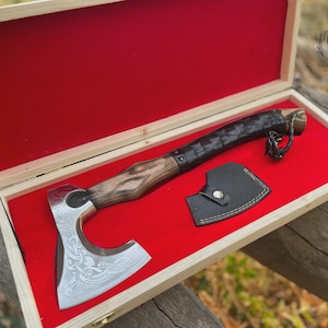 Handmade axe for camping, hunting, and bushcraft with personalized wooden box gift for engagement wedding, anniversary or groomsmen proposal