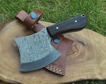 Handmade Damascus Steel Mini Axe: Rosewood Handle, Leather Sheath