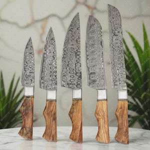 Handmade Damascus Steel Chef Knife Set: Olivewood Handle, Leather Sheath