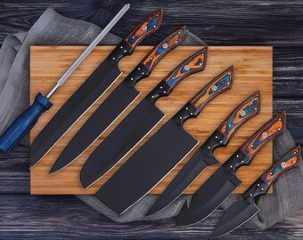 Conjunto de facas de chef para churrasco em aço damasco forjado à mão, conjunto de 8 peças com estojo de couro, presente ideal para churrasqueiros.