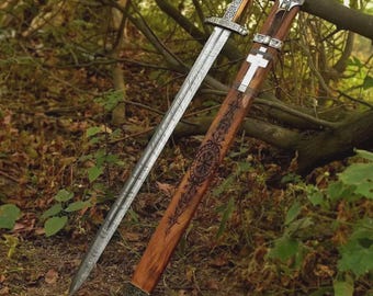 Funda de cuero para espada vikinga medieval de acero de Damasco totalmente forjada a mano