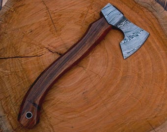 Handmade Damascus Steel Viking Axe: Rosewood Handle, Leather Sheath