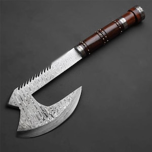 Damascus HAtchet with Beautiful Rose Wood handle included leather sheath