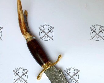 Handforged Damascus Steel Hunting Knife - Wood Stag Brass Guard Handle, Leather Sheath