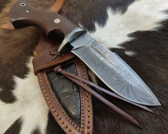 Handcrafted Full Tang 10" Bushcraft knife with exquisite wood handle and Hand forged Damascus Steel Blade, High-quality craftsmanship