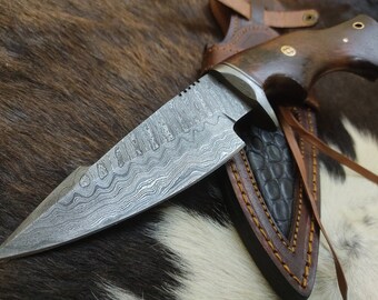 BabaKnives Custom HANDMADE 9"  Damascus Steel Knife with Wood Handle, Free Leather Sheath, Hand Forged Knife, Camping Knife