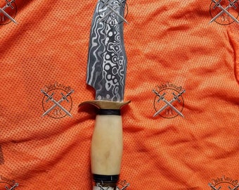 BabaKnives HANDMADE 12"  DAMASCUS Steel Hunting Bowie Knife With Camel Bone And Crown With Brass Guard Handle And Leather Sheath