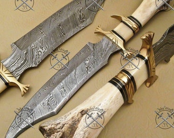 BabaKnives Lot of 5 DAMASCUS Steel 15" Hunting Bowie Knife With Bone And Brass Guard with Amazing File Work Handle And Leather Sheath