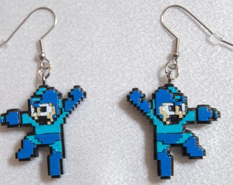 8-Bit Blue Bomber Dangle Earrings | 3D Printed | Hand Painted