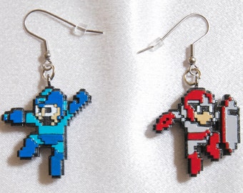 8-Bit Proto-Man & Blue Bomber Dangle Earrings | 3D Printed | Hand Painted