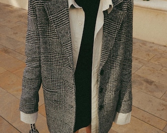 Gray Plaid Blazer Jacket: Wool-Look Woven Fabric, Classic Fit