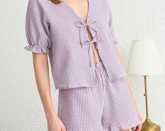 Elegant Woven Lilac Cotton Pajamas -Checkered Shorts and Shirt Set, Short Detailed Muslin Pajama Set - Cotton - Linen Romper, Gift for women