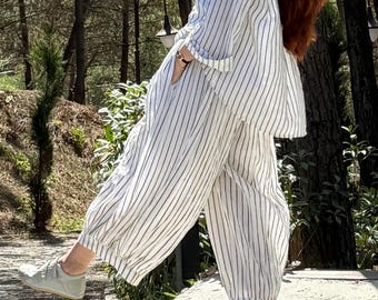 Striped Cotton Harem Pants: Boho Japanese Style Baggy Trousers