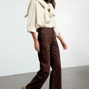 Brown Suede-Look Leopard Print High Waist Wide Leg Jeans - Trendy Animal Print Denim Pants - Stylish Streetwear for Women - Relaxed Fit