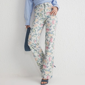 Multicolor Floral Print High Waist Wide Leg Jeans - Trendy Boho Style Denim Pants - Relaxed Fit Summer Fashion Jeans