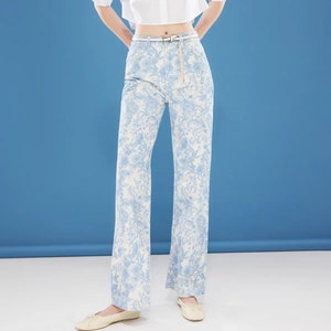 Blue Floral Wide Leg Jeans - High Waisted Boho Denim Pants - Vintage Aesthetic Y2K Streetwear Baggy Trousers for Women