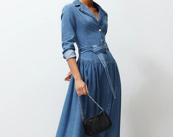 Stylish Belted Blue Jean Maxi Dress | Trendy Belted Jean Dress | Mid-Sleeve Belted Jean Dress | Knee-Length Casual Shirt Collar Denim Dress