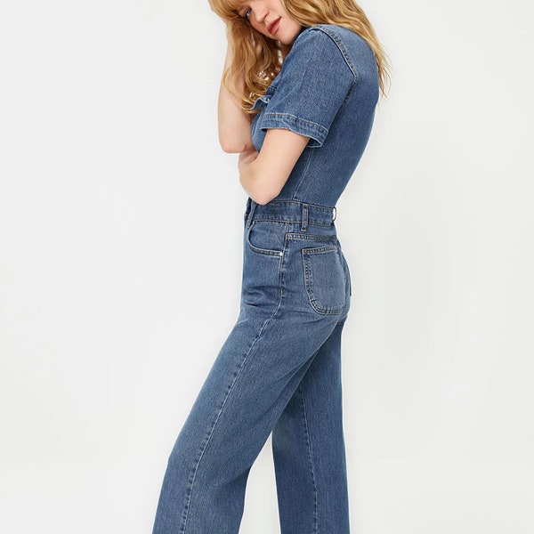 Denim Blue Long Detailed Jean Jumpsuit - Full leg length linen Jumpsuit Jean Romper for Women gift for women, Jumpsuit Women linen, Romper