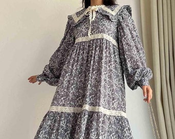 Floral Long Gathered dress, Maxi Frilled Collar Detail Checked Dress, Comfortable Chic Maxi Dress for Women, Puffed Sleeve Summer Long Dress