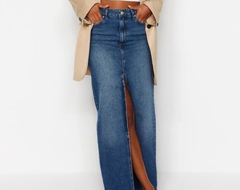 High Waist Denim Maxi Skirt: Blue Jean Skirt with Slit & Pockets