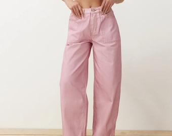 Pink gestreifte Barrel Jeans mit hoher Taille | Gerade Jeans Frauen Mode lose hohe Taille Hosen | Damen Barrel Denim Hose | Pink Jeans mit Gummibund