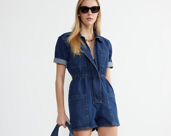 Denim Blue Short Detailed Jean Jumpsuit | Above Knee-Length Denim Short Romper | Blue Elastic Waist Denim Short Overall Casual Summer Romper