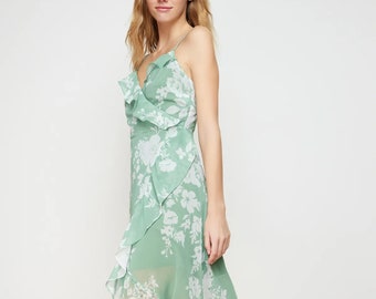 Green Midi Chiffon Strappy Summer Dress | Green Floral Patterned A-Line Ruffle Detailed Lined Chiffon Midi Dress | Midi Strappy Dress