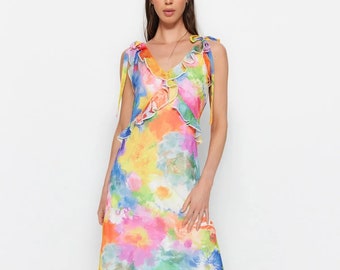 Multicolored Rainbow Maxi Chiffon Strappy Summer Dress | Rainbow Floral Patterned A-Line Ruffle Detailed Lined Chiffon Maxi Woven Dress